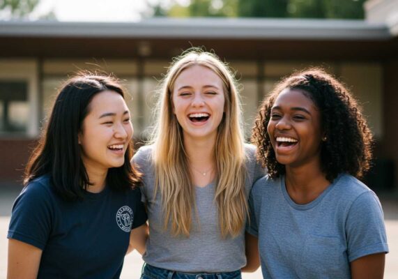 Three diverse teenage girls laughing together outdoors, representing body positivity and friendship.