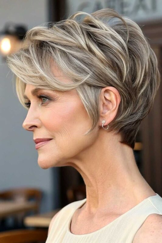 A mature woman with a chic pixie cut hairstyle.