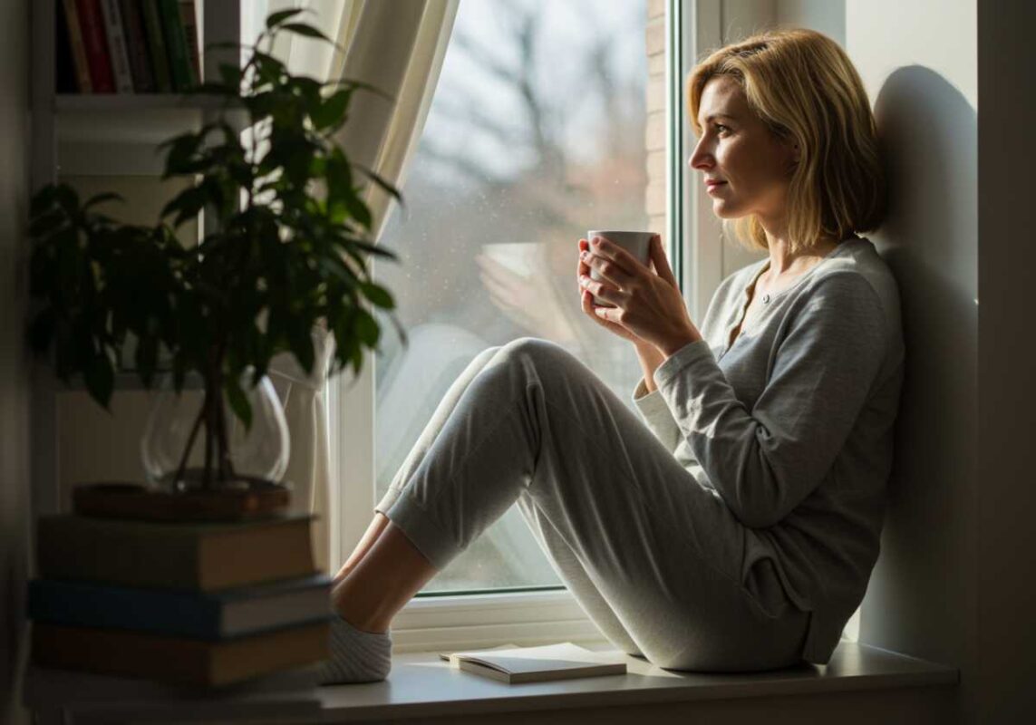 Woman sitting peacefully by window holding coffee cup in morning light, representing mindful self-care.