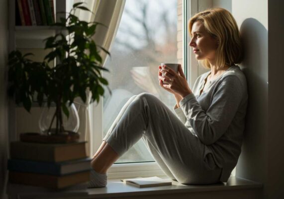 Woman sitting peacefully by window holding coffee cup in morning light, representing mindful self-care.