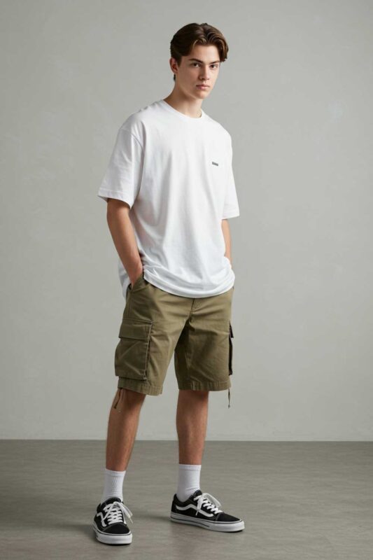 Teen boy wearing oversized white t-shirt and cargo shorts summer outfit.