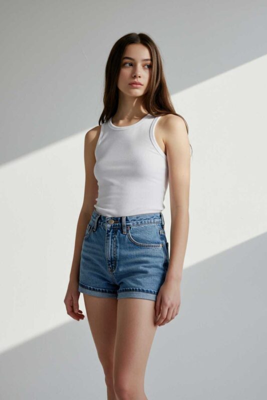 Teen girl in white tank top and high-waisted denim shorts summer outfit.