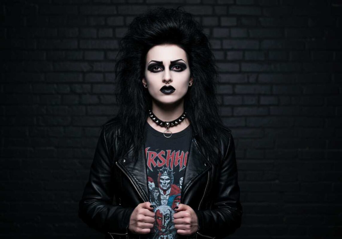 Woman in traditional goth outfit with leather jacket and dramatic makeup representing 1980s gothic fashion.