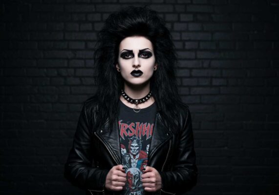 Woman in traditional goth outfit with leather jacket and dramatic makeup representing 1980s gothic fashion.