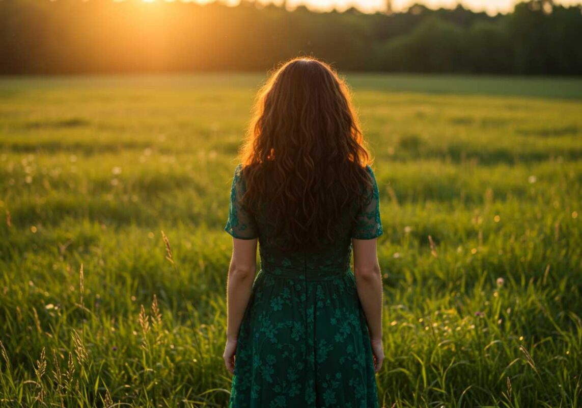 Woman standing confidently outdoors looking toward horizon, representing authentic living and self-alignment.