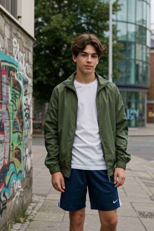 Teen boy in lightweight track jacket and shorts layered summer outfit.
