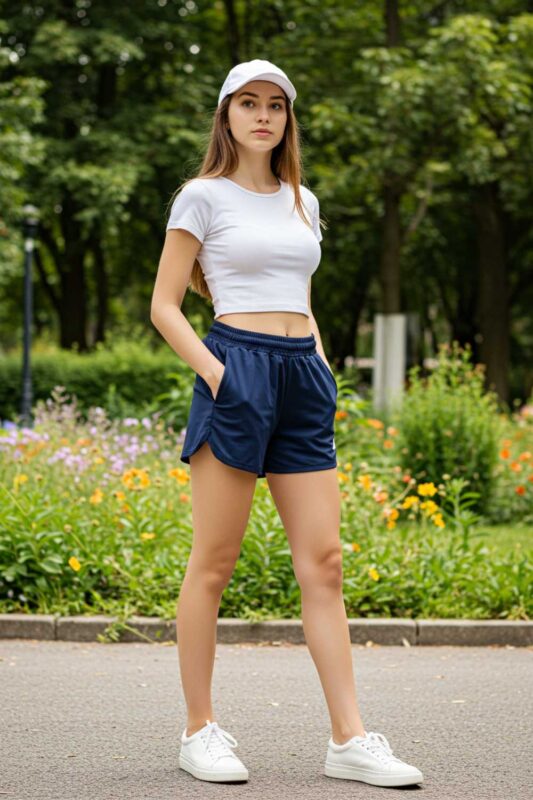 Teen in white tee and athletic shorts casual summer outfit.