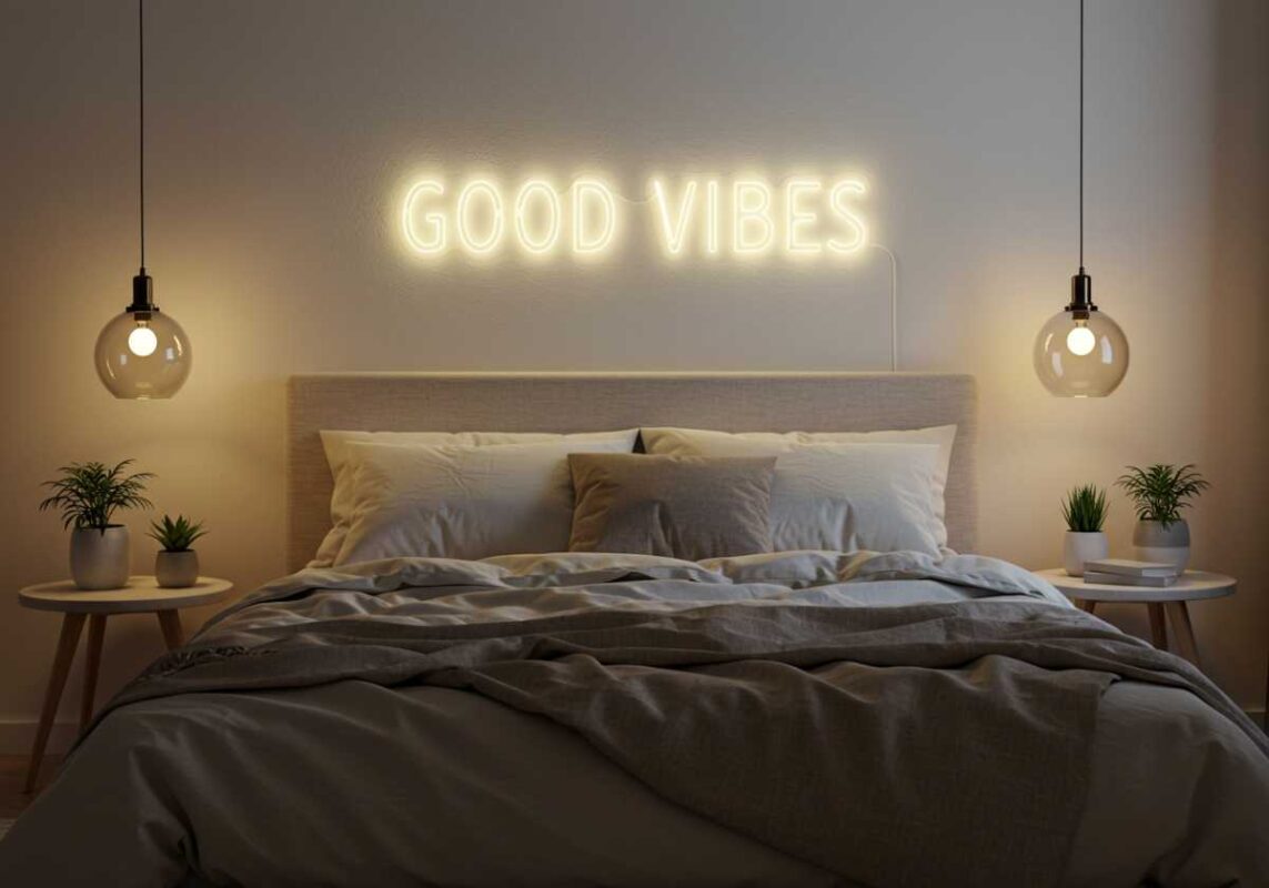 Bedroom wall with LED word light displaying 'GOOD VIBES' above bed with warm white glow.