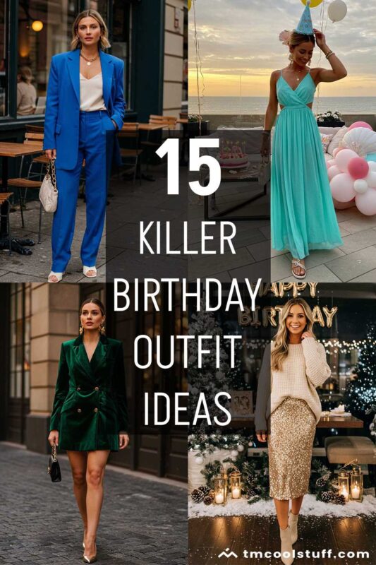 Collage of women's birthday outfits: power suit, summer maxi, fall velvet, and winter sequin looks.