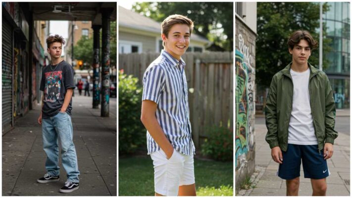 Three teen boys with different summer outfits.