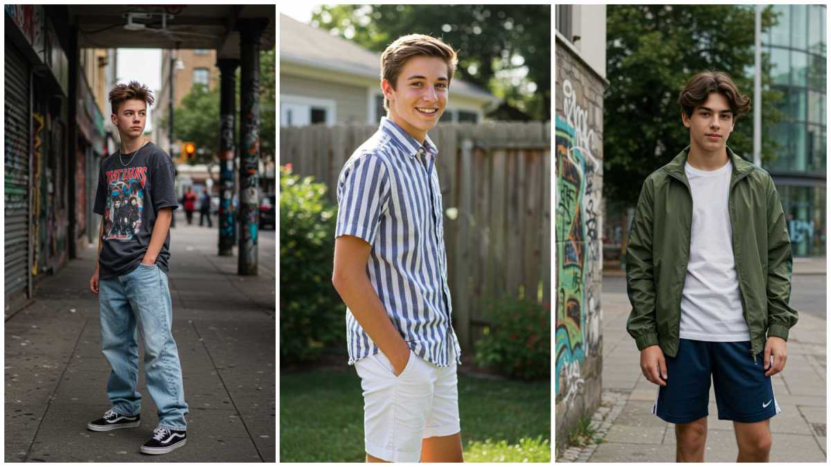 Three teen boys with different summer outfits.