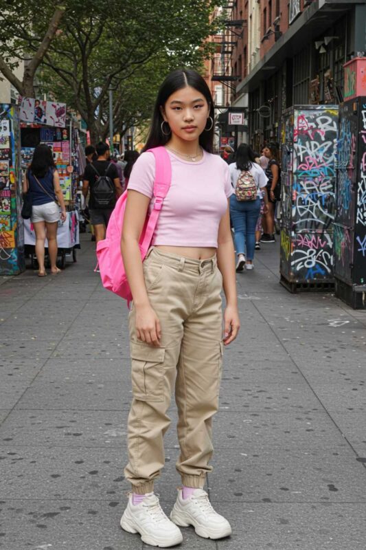 Teen wearing baby tee and cargo pants Y2K summer outfit.