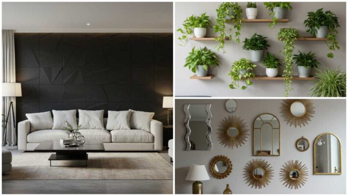 Dark 3D panels, floating plant shelves, and gold-framed mirrors create stylish wall decor in a cozy, modern space.