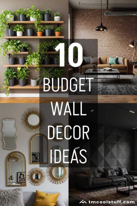 Collage of 4 wall decor ideas: plant shelves, brick wall, gold sunburst mirrors, and black geometric 3D panels.