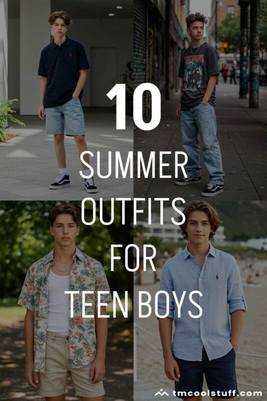 Collage of teen boys' summer outfits.
