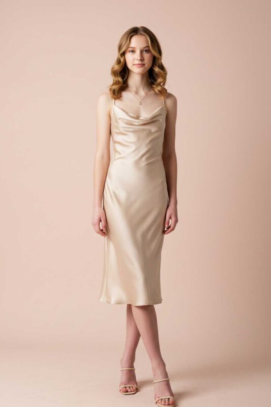 Teen girl in champagne satin slip dress elegant summer look.