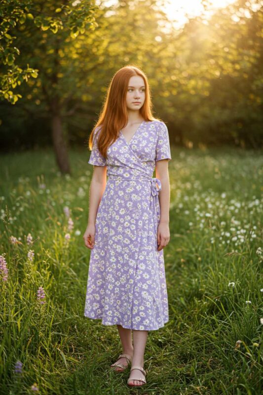 Teen in floral wrap dress feminine summer outfit.