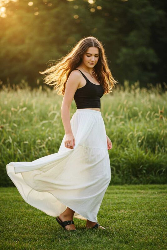 Teen wearing tank top and maxi skirt elegant summer outfit.