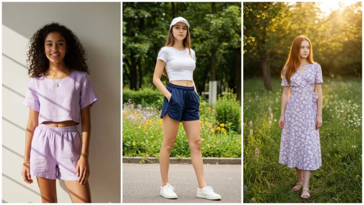 Three teen girls with different summer outfits.