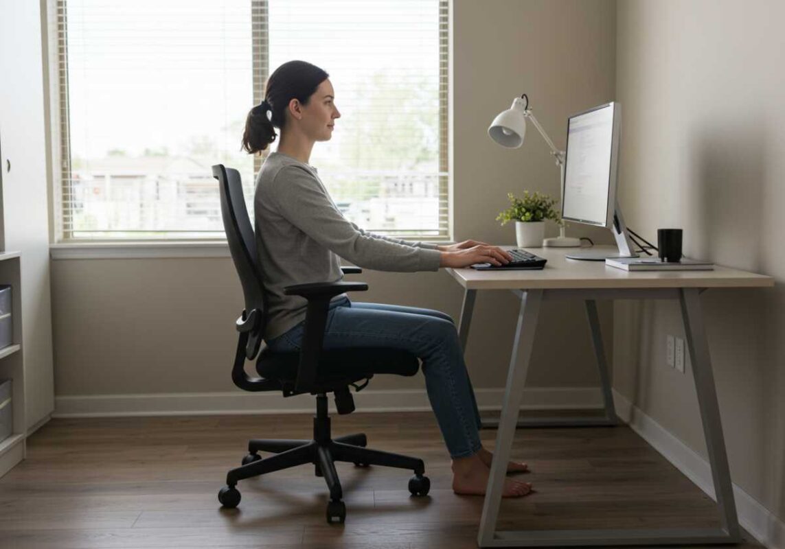 Ergonomic home office setup showing proper posture and equipment positioning.