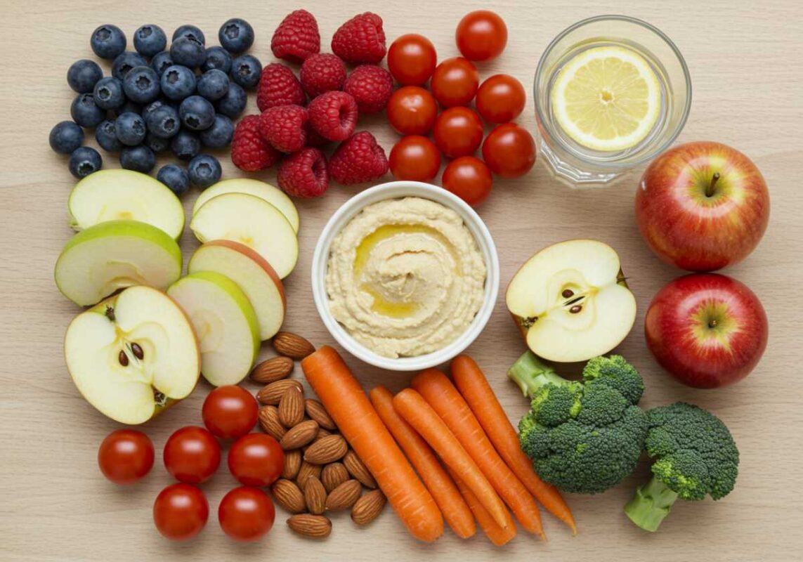 Colorful arrangement of healthy whole foods including fruits, vegetables, nuts, and water.