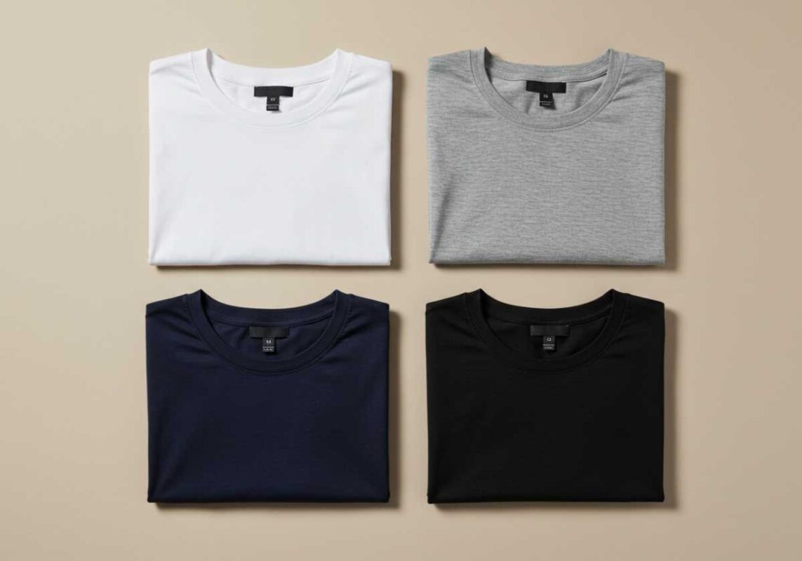 Four basic colored t-shirts in white gray navy and black for blazer outfit combinations.