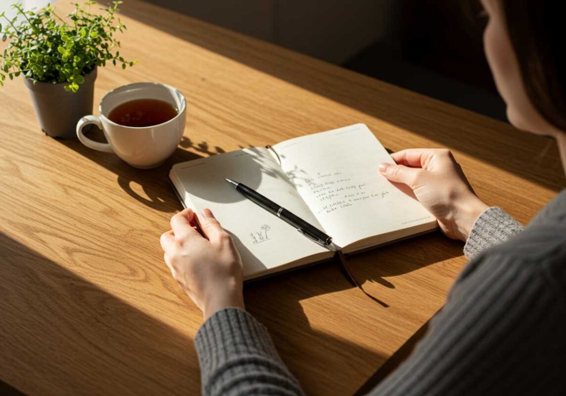 Hands holding journal and pen on wooden table with tea cup, representing morning mindfulness practice.