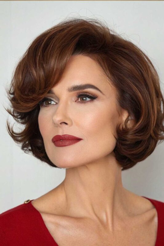 A mature woman with a romantic bob hairstyle.