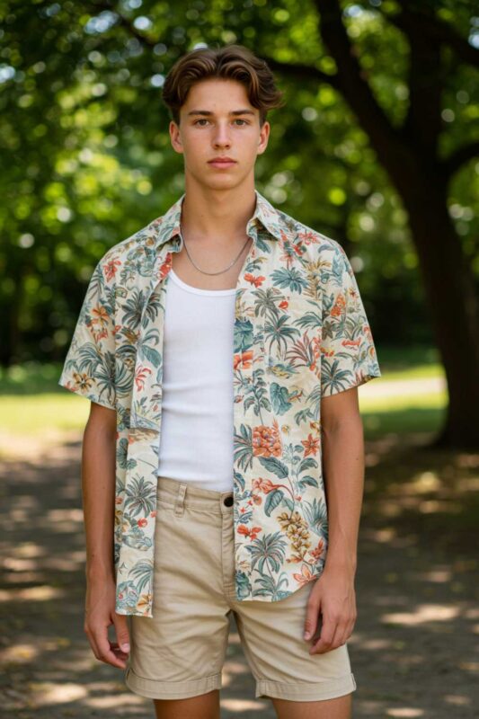 Stylish teen boy in modern Hawaiian shirt and chino shorts summer look.