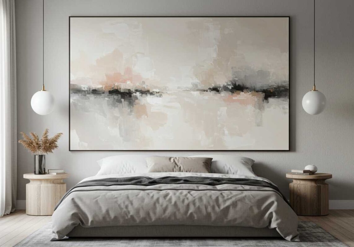 Large abstract watercolor artwork serving as bedroom wall focal point.