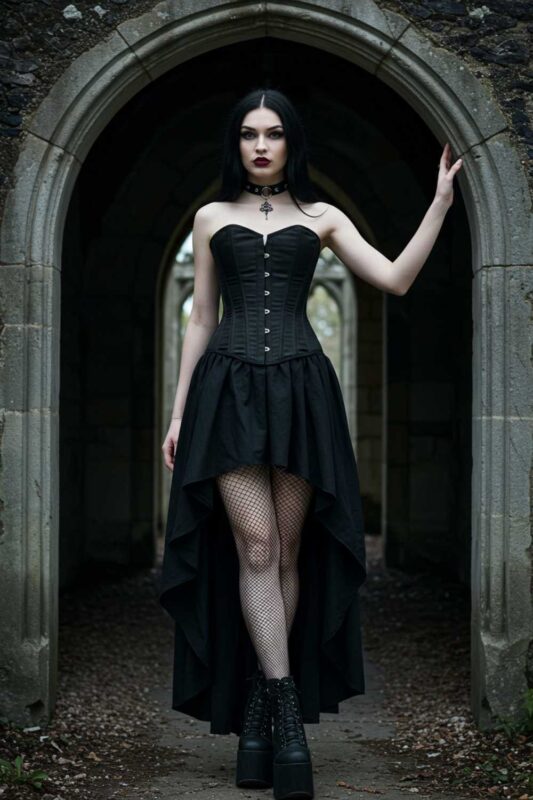 Traditional goth outfit featuring black corset, fishnet stockings, and platform boots.