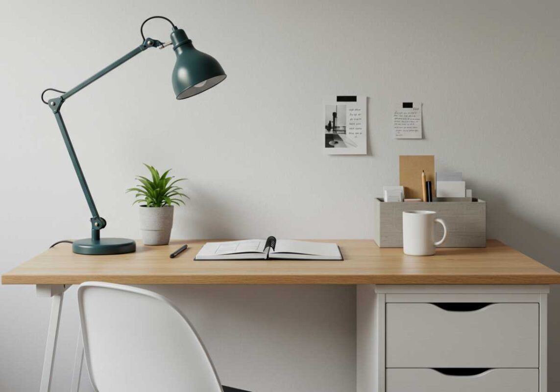 Affordable DIY desk setup using IKEA drawers and wood top with stylish accessories.