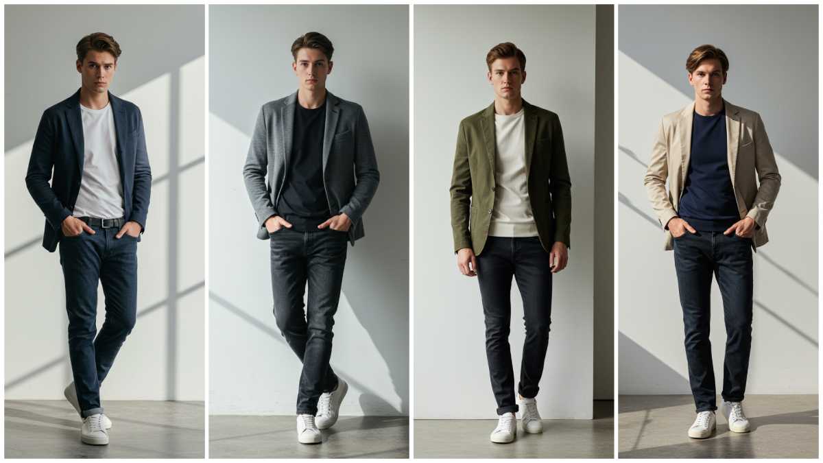 Four different blazer and t-shirt color combination examples for men's casual styling.