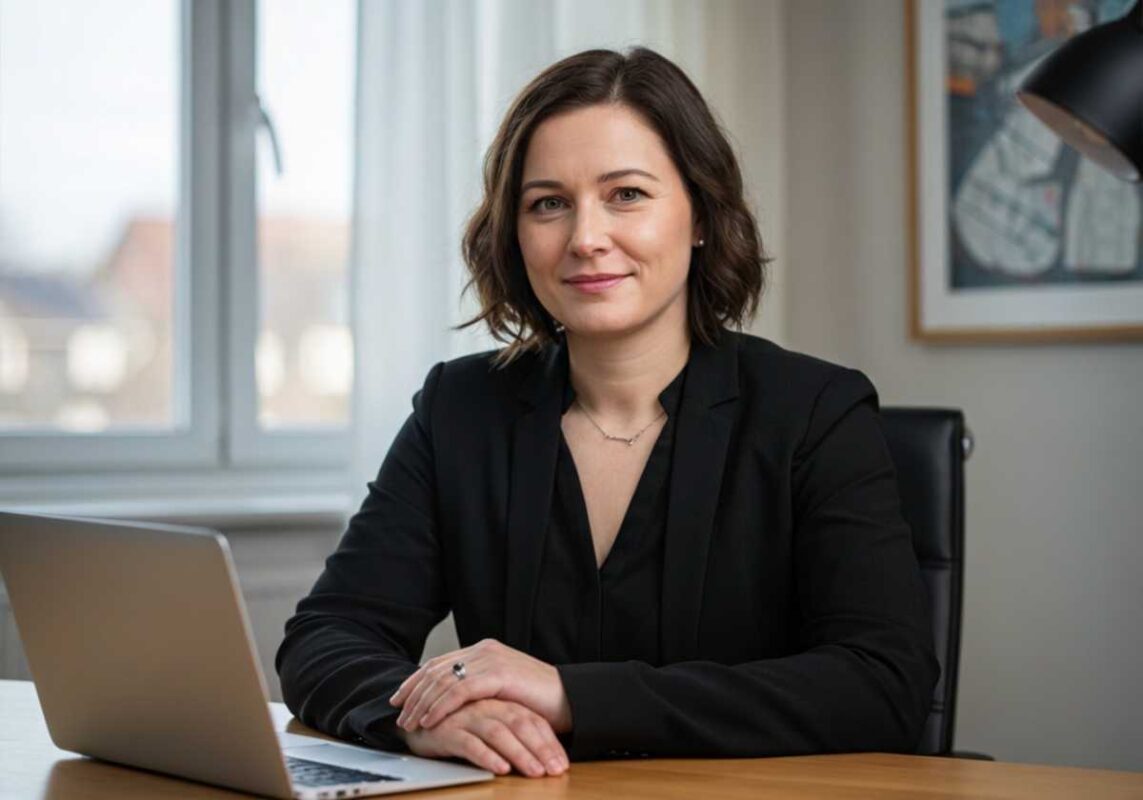 Confident woman sitting at desk with direct gaze, representing setting healthy boundaries.