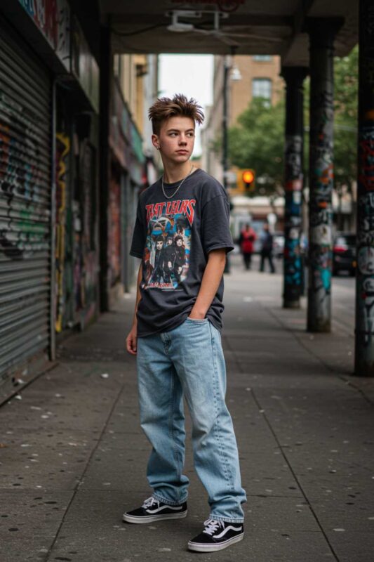 Teen boy in baggy jeans and graphic tee retro-inspired summer outfit.