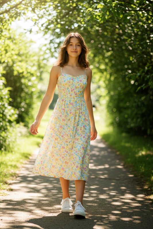 Teen in floral sundress with white sneakers summer look.