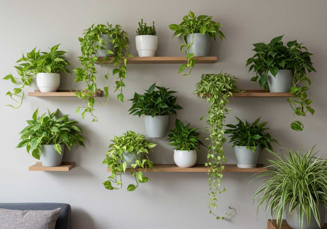 Living wall display with multiple hanging and mounted plants in modern apartment.