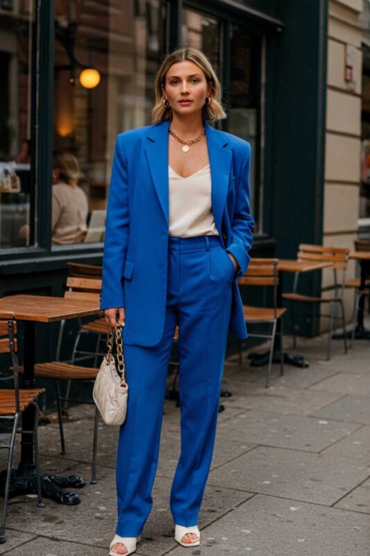 Stylish woman wearing a bright blue power suit with gold accessories and white heels.