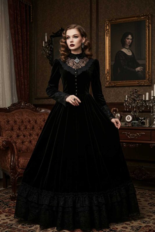 Victorian-inspired goth dress in black velvet with lace details and period styling.