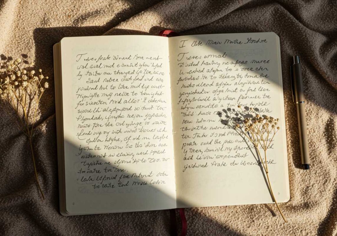 Open journal with handwritten pages surrounded by pen and flowers, representing reflective writing practice.