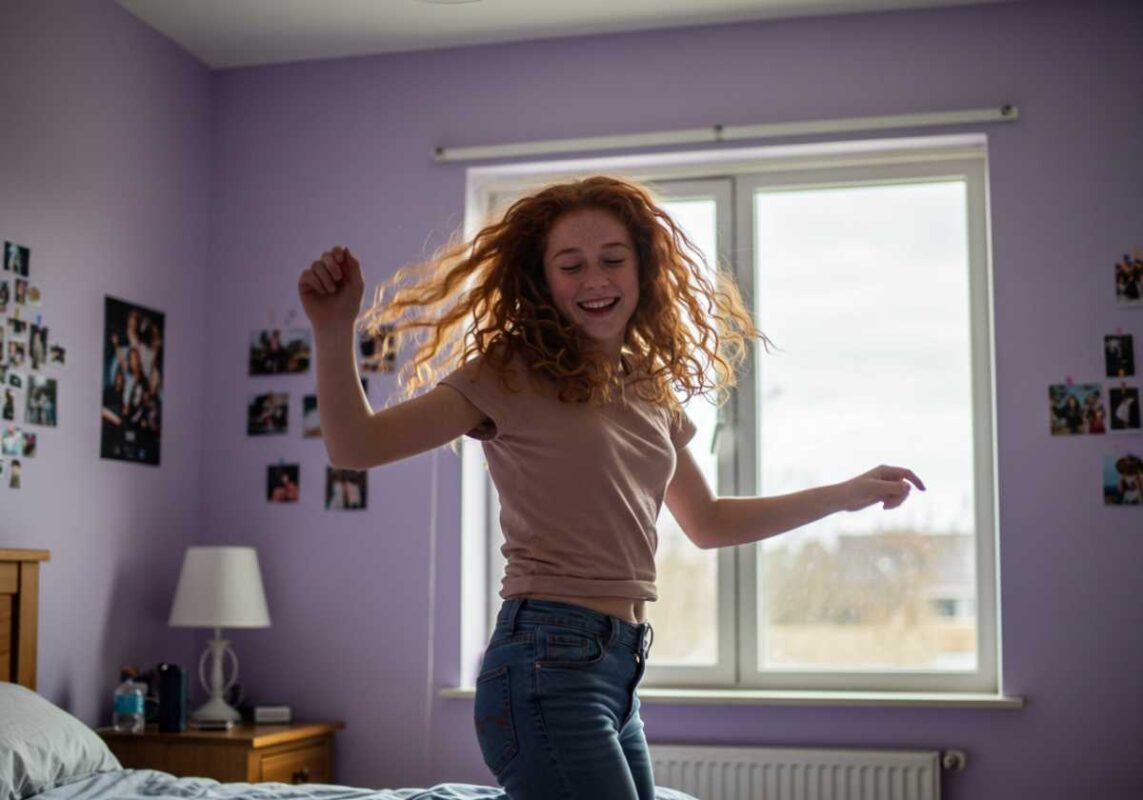 Teenage girl dancing happily in her bedroom.
