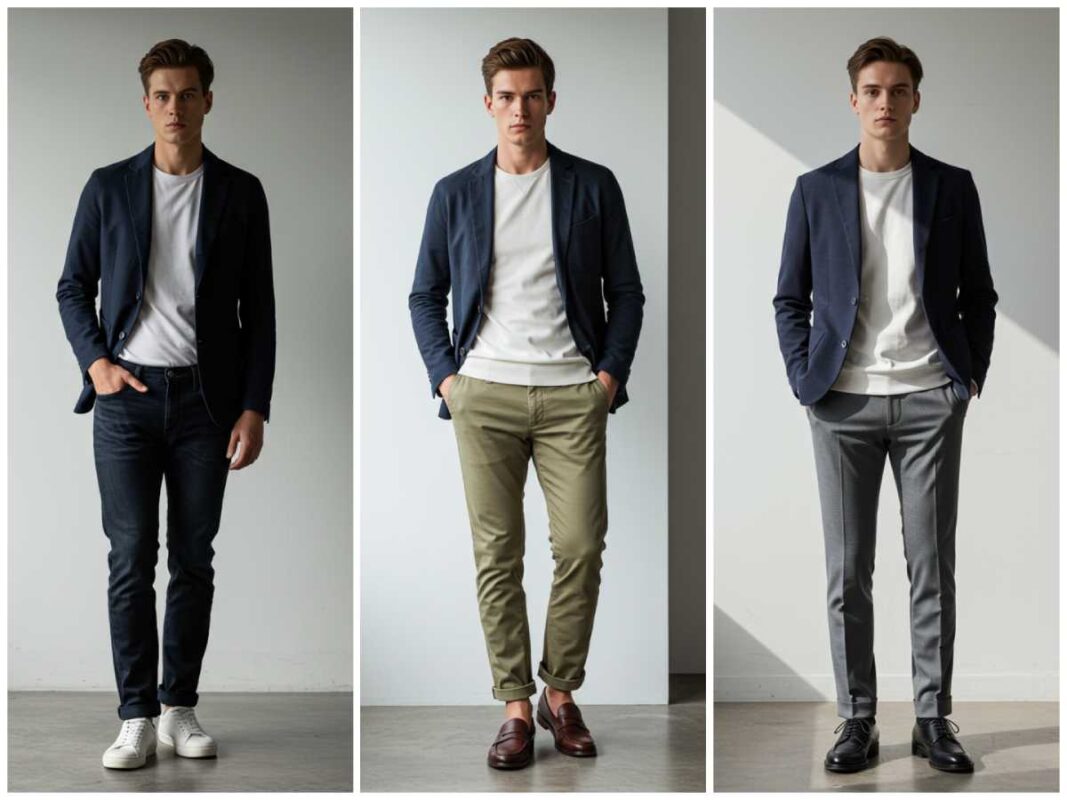 Three complete outfit combinations showing blazer and t-shirt styled with different pants and shoes.