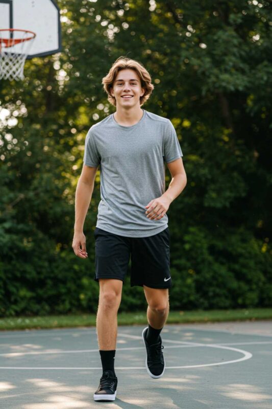Teen boy in elevated athletic summer outfit with fitted tee and basketball shorts.
