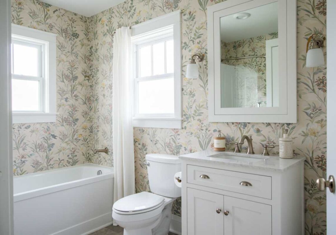 Bathroom transformed with removable floral wallpaper showing dramatic before and after effect.
