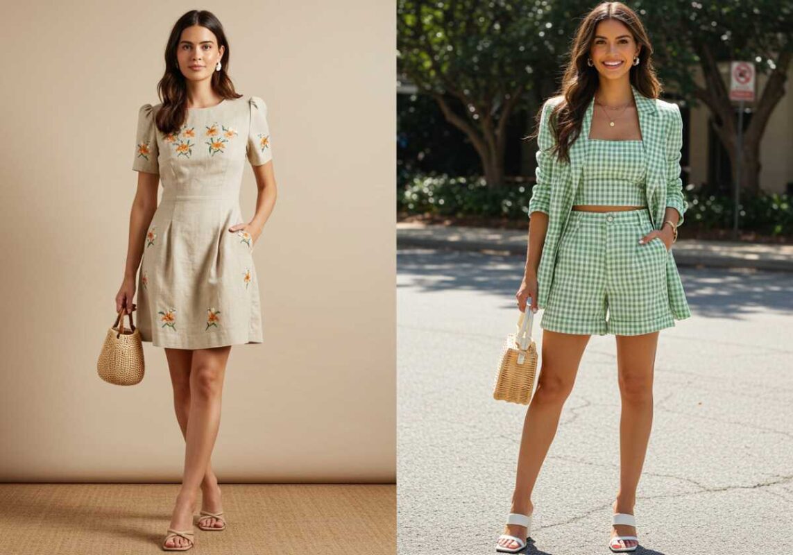 Spring birthday outfit ideas featuring a linen dress with embroidery and a green gingham matching set.