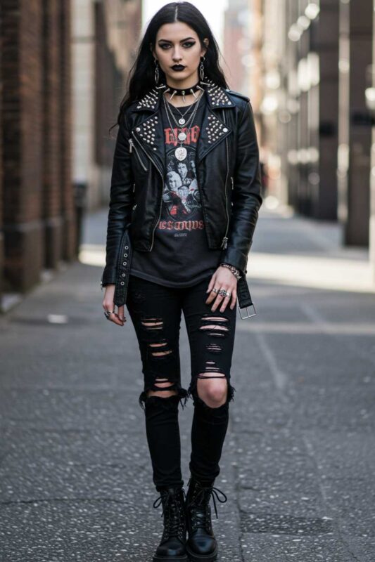 Punk goth outfit with leather jacket, ripped jeans, and combat boots.