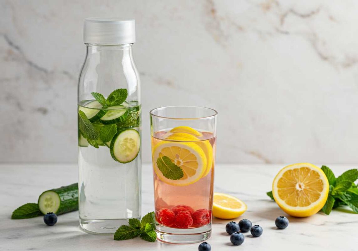 Water bottles and glasses with fruit-infused water featuring cucumber, mint, berries, and lemon.