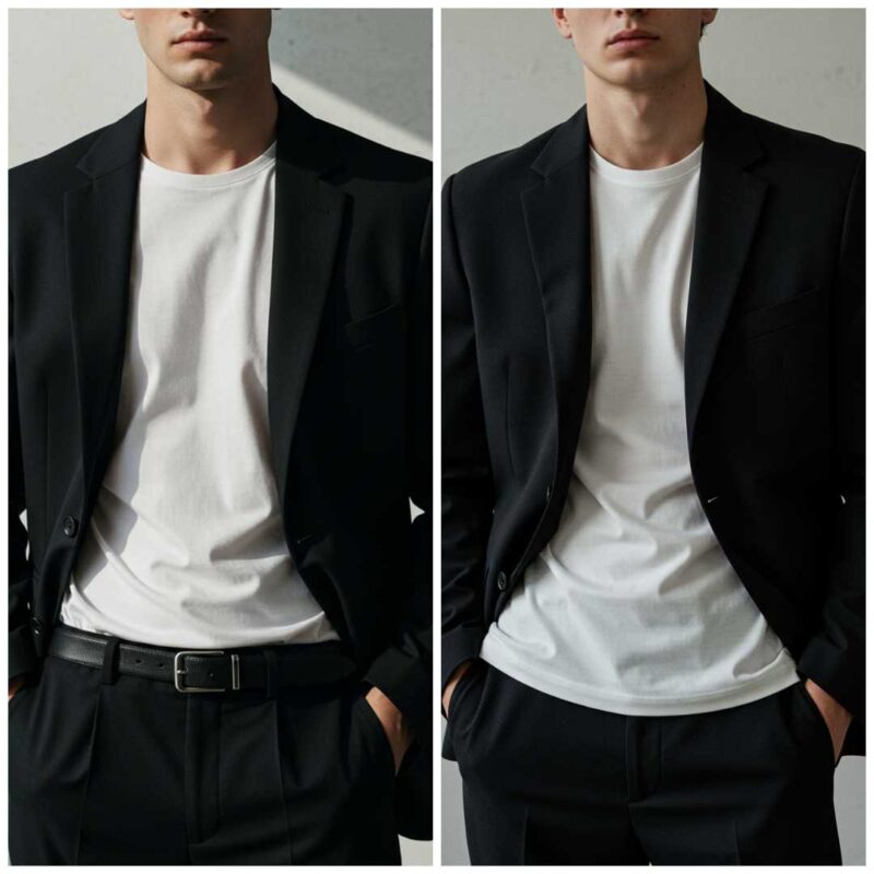 Comparison of tucked versus untucked t-shirt styling with blazer for men.