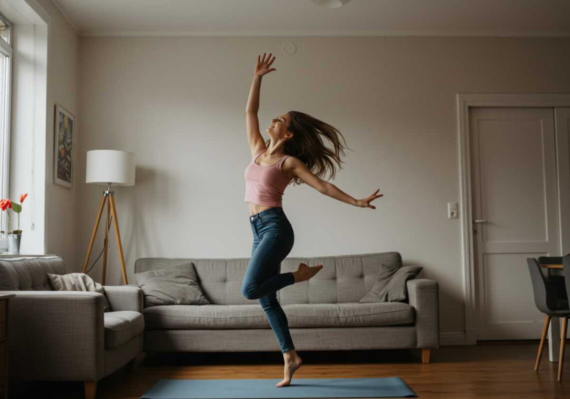 Woman dancing freely in living room with arms raised, expressing joyful movement.