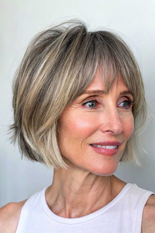 A mature woman with a bixie hairstyle.